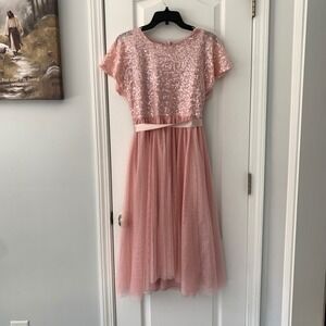 Monsoon Kids Pink Sequin Glitter Tulle Flutter Sleeve Party Dress Size 14-15 Yrs